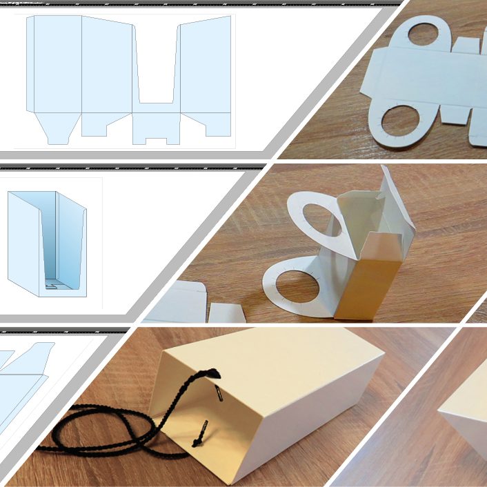 Grafik und Fotos von Verpackungsdesign und Stanze